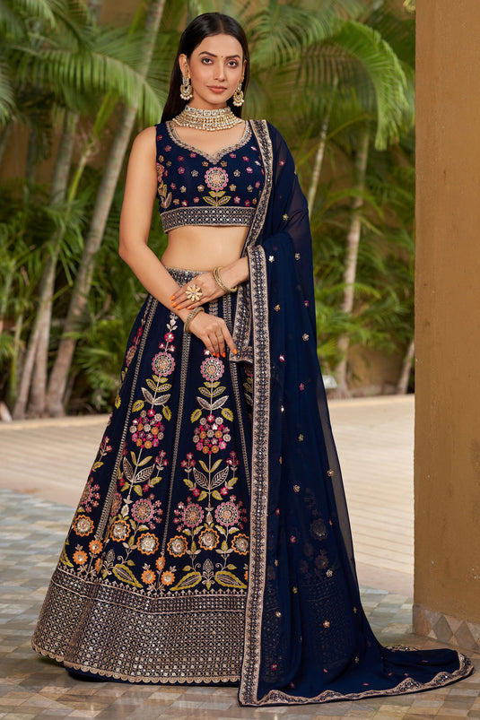 Charming Navy Blue Color Georgette Fabric Sequins Embroidered Lehenga