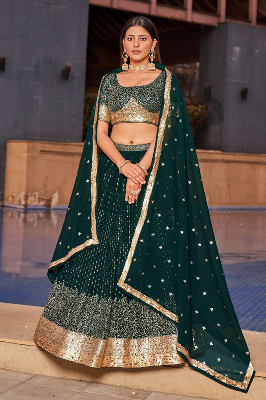 Tempting Georgette Fabric Teal Color Sequins Embroidered Lehenga