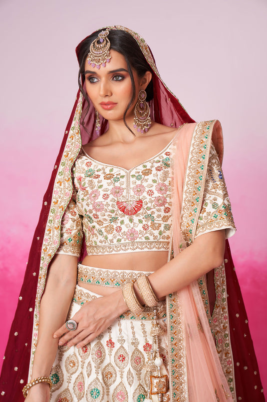 Radiant Sequins Embroidered Cream Color Silk Fabric Bridal Lehenga