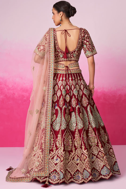 Red Color Sequins Embroidered Silk Fabric Beatific Bridal Lehenga