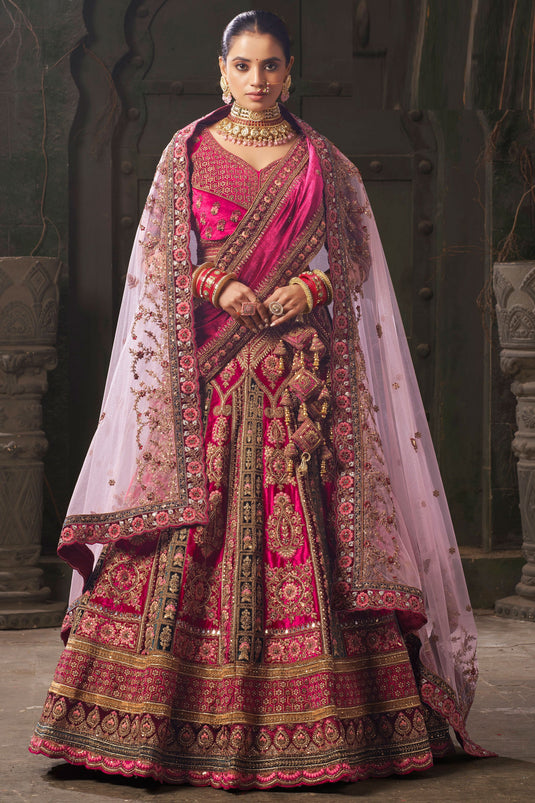 Lycra Velvet Fabric Luminous Bridal Lehenga In Pink Color