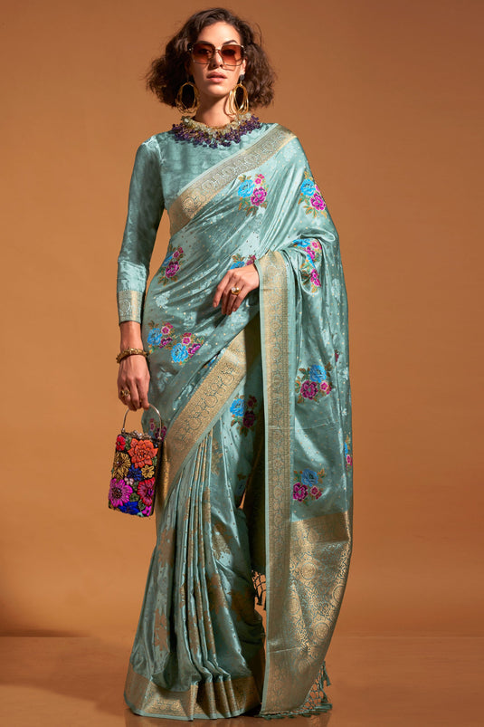 Light Cyan Pure Satin Handloom Silk Saree For Festive Wear