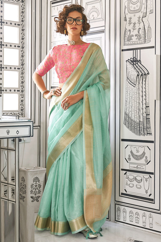 Blazing Sea Green Color Weaving Work Chiffon Silk Saree