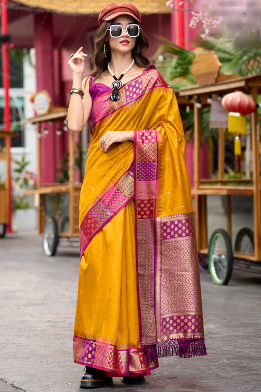 Weaving Work On Awesome Banarasi Silk Fabric Saree In Mustard Color