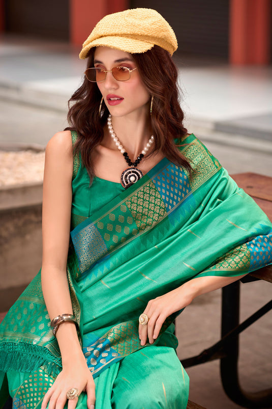 Sea Green Color Fantastic Banarasi Silk Fabric Saree With Weaving Work