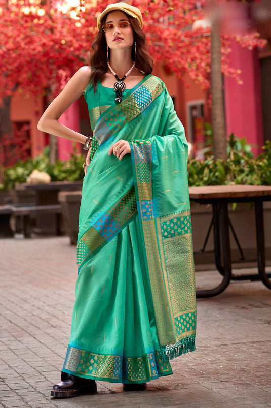 Sea Green Color Fantastic Banarasi Silk Fabric Saree With Weaving Work