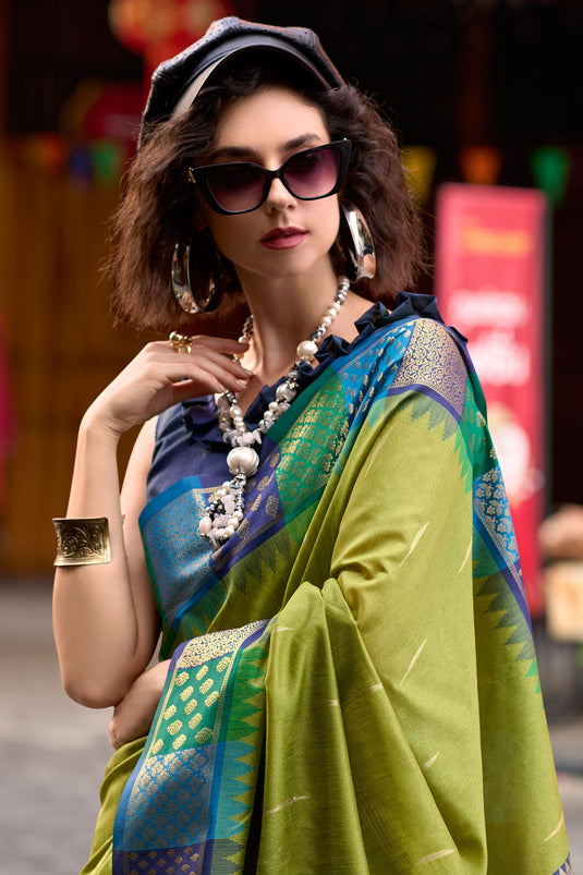 Weaving Work On Green Color Trendy Banarasi Silk Fabric Saree