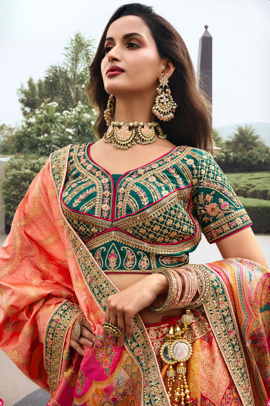 Embellished Multi Color Wedding Wear Silk Fabric Bridal Lehenga