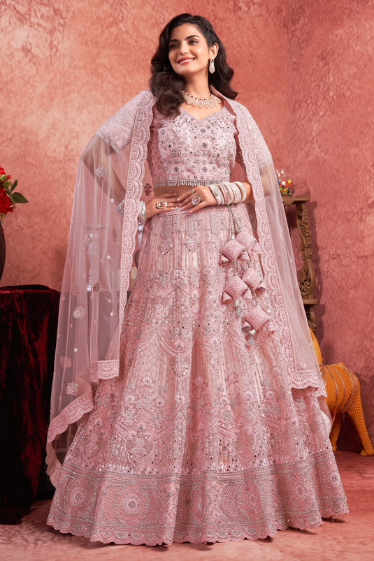 Embroidered Wedding Wear Lehenga Choli In Pink Color Net Fabric