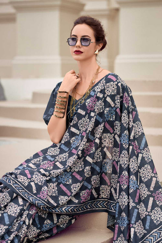 Tempting Art Silk Fabric Navy Blue Color Saree With Printed Work