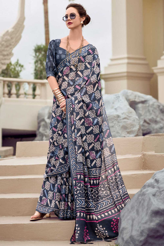 Tempting Art Silk Fabric Navy Blue Color Saree With Printed Work