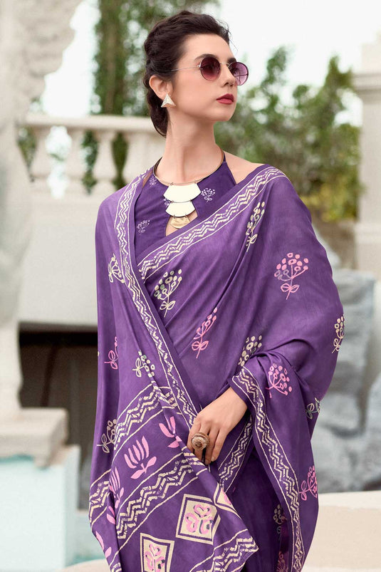 Classic Printed Work On Purple Color Saree In Art Silk Fabric