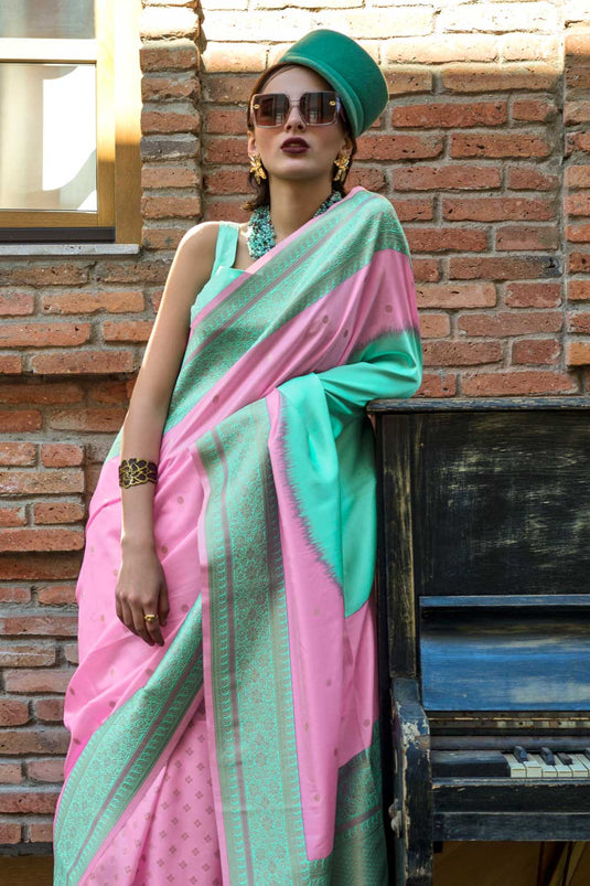 Glamorous Art Silk Pink Color Handloom Weaving Saree