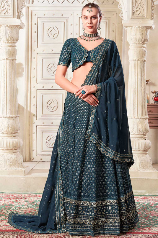 Fabulous Georgette Fabric Teal Color Lehenga