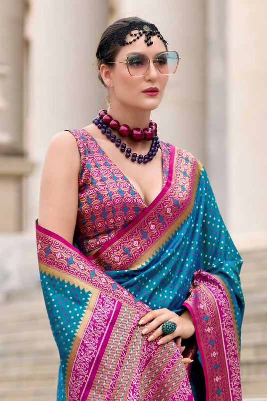 Cyan Color Function Wear Engaging Silk Saree With Weaving Work