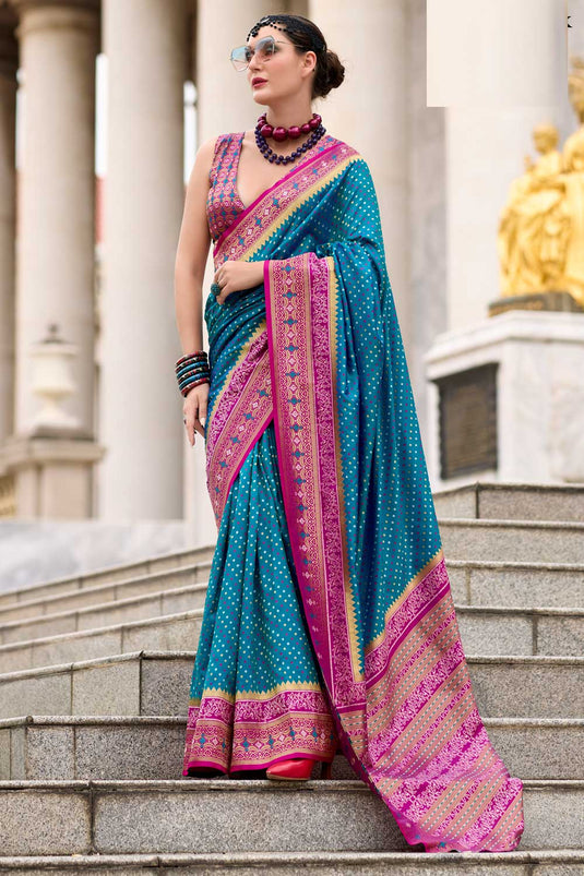 Cyan Color Function Wear Engaging Silk Saree With Weaving Work