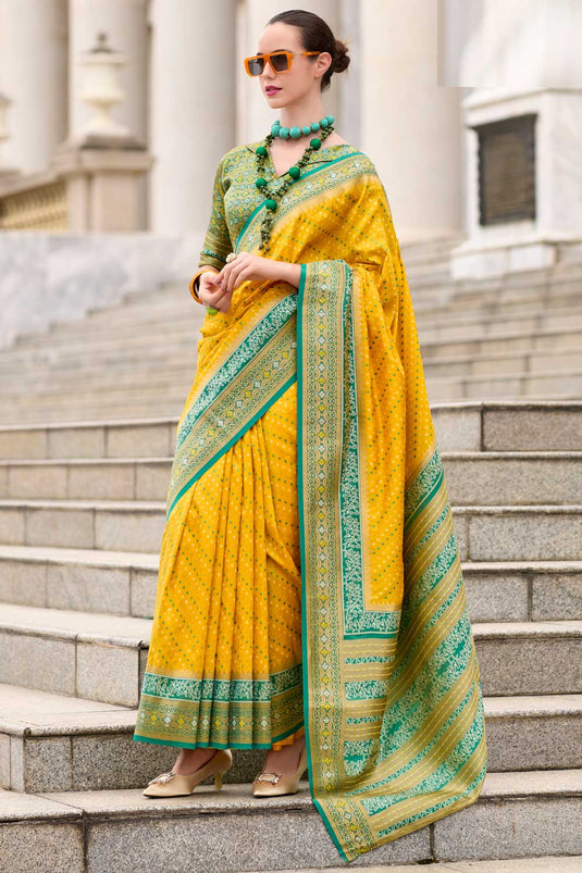 Incredible Weaving Work On Function Wear Yellow Color Silk Saree