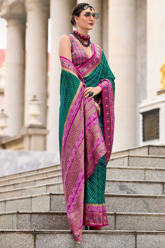 Tempting Function Wear Dark Green Color Silk Saree With Weaving Work