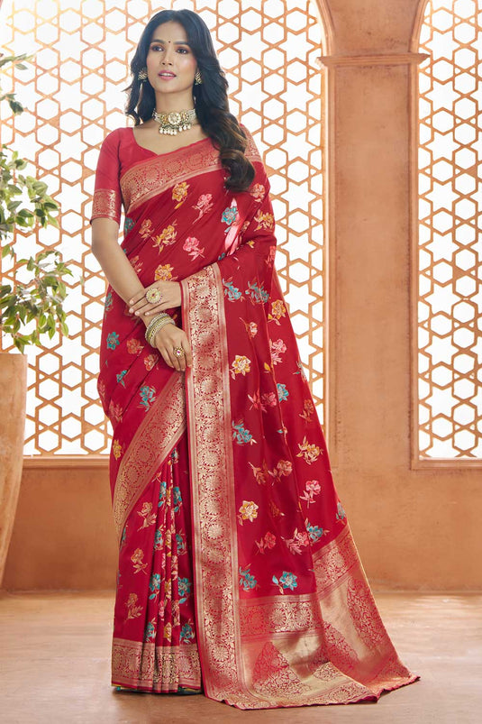 Excellent Red Color Banarasi Silk Saree With Weaving Work