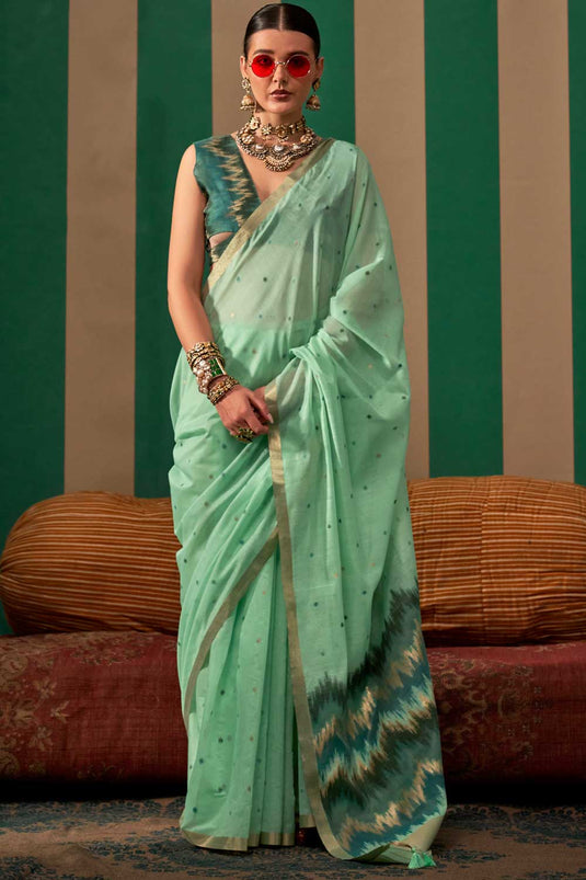 Sea Green Color Aristocratic Art Silk Handloom Weaving Saree