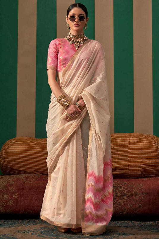 Imperial Cream Color Art Silk Handloom Weaving Saree