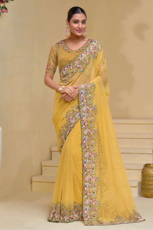 Mustard Banarasi Saree With Party Wear Blouse