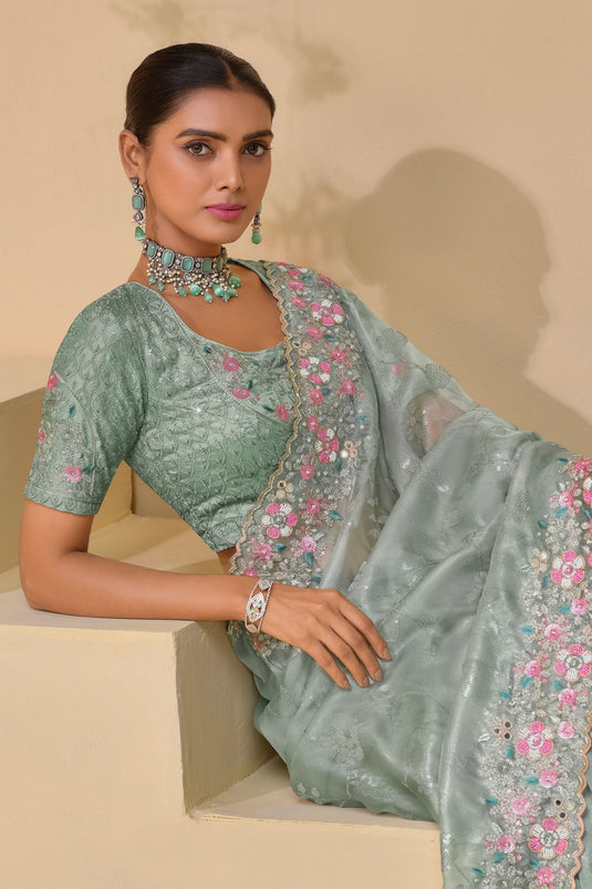 Sequins Work Light Cyan Saree With Beautiful Blouse