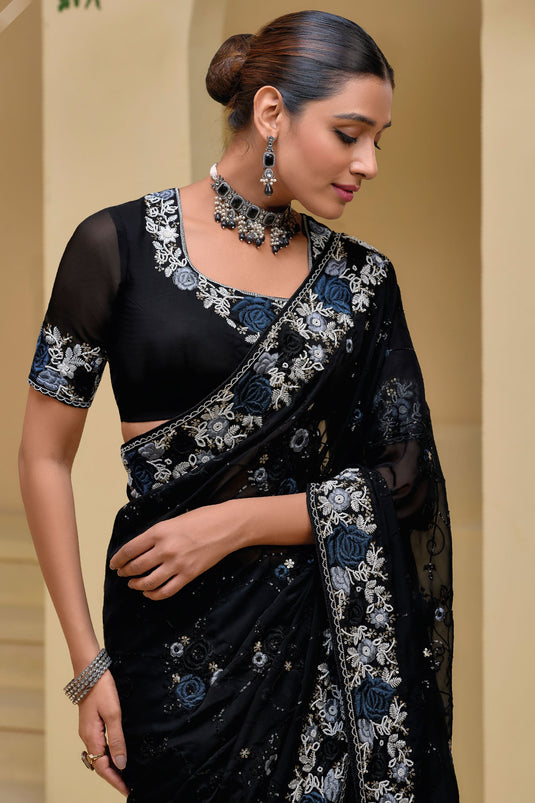 Black Banarasi Party Wear Saree With Enticing Blouse