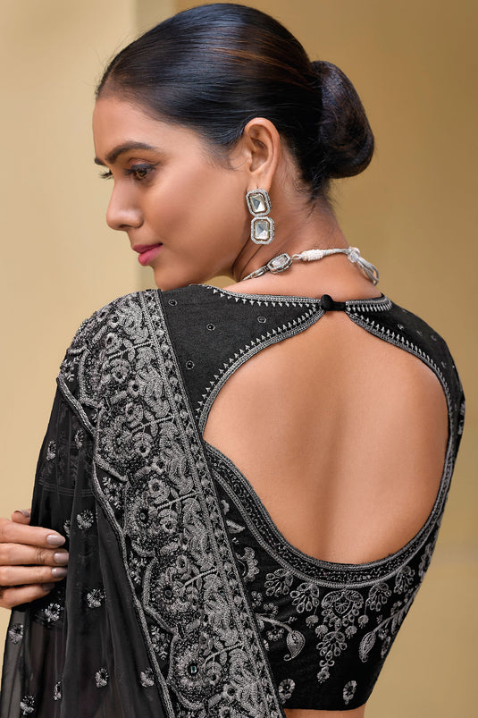 Thread Work Black Designer Saree With Gorgeous Blouse