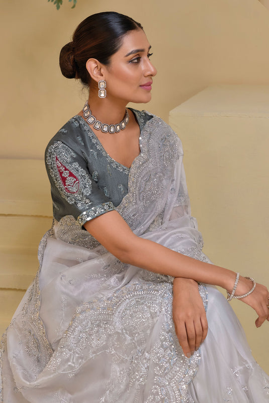 Grey Sequins Work Party Wear Saree With Attractive Blouse