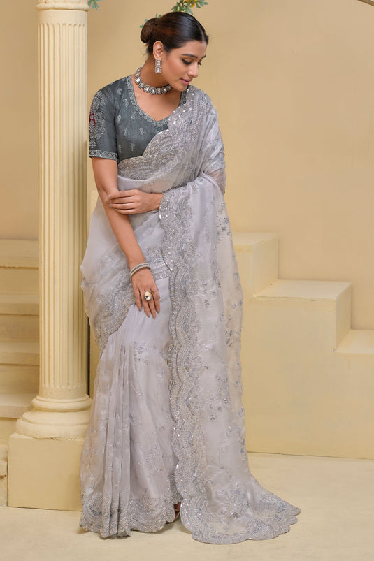 Grey Sequins Work Party Wear Saree With Attractive Blouse