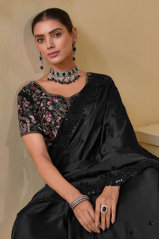 Sequins Work On Black Banarasi Saree With Designer Blouse