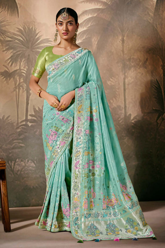 Cyan Party Wear Saree With Enticing Blouse