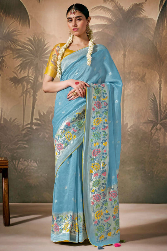 Sky Blue Silk Party Wear Saree