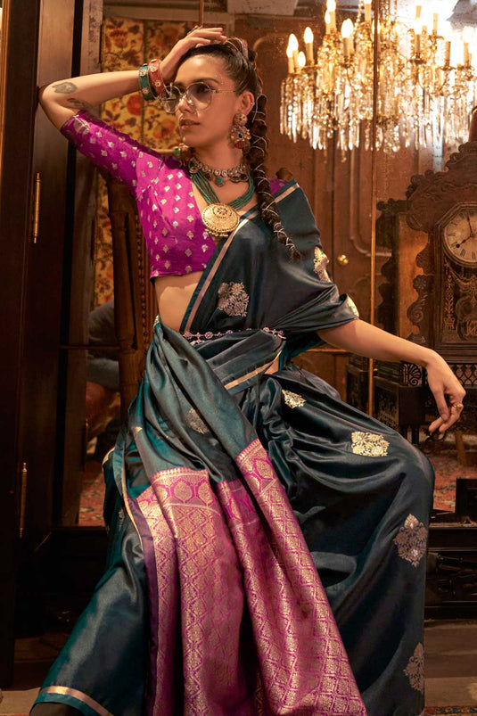 Tempting Teal Color Weaving Design Satin Saree