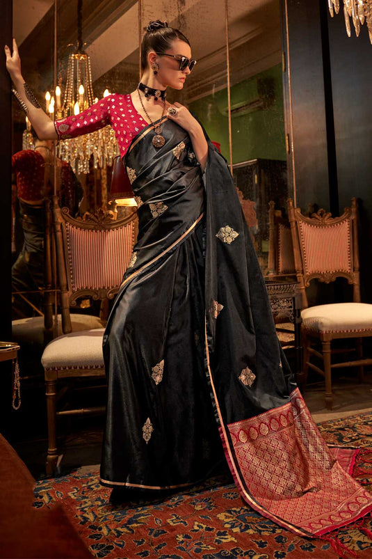 Trendy Black Color Weaving Design Satin Saree