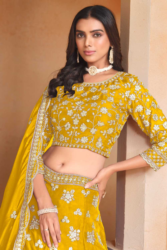 Yellow Color Organza Fabric Beatific Lehenga