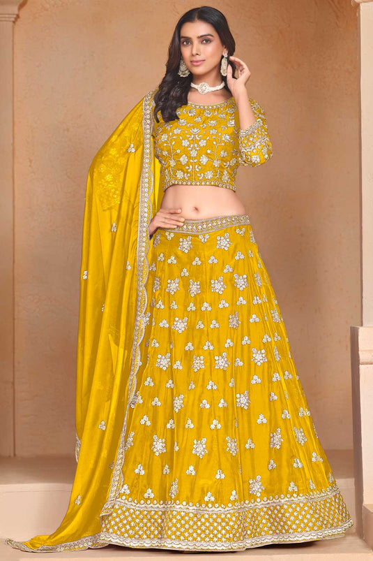 Yellow Color Organza Fabric Beatific Lehenga