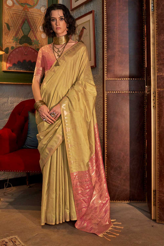 Beige Color Pleasant Handloom Weaving Silk Saree