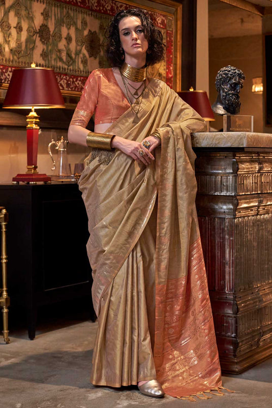 Soothing Handloom Weaving Silk Saree In Brown Color