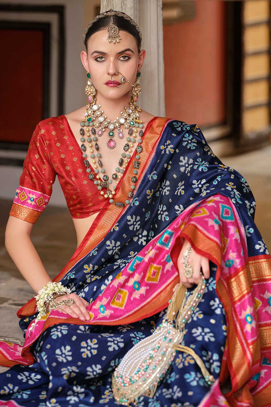 Navy Blue Color Printed Brilliant Art Silk Saree