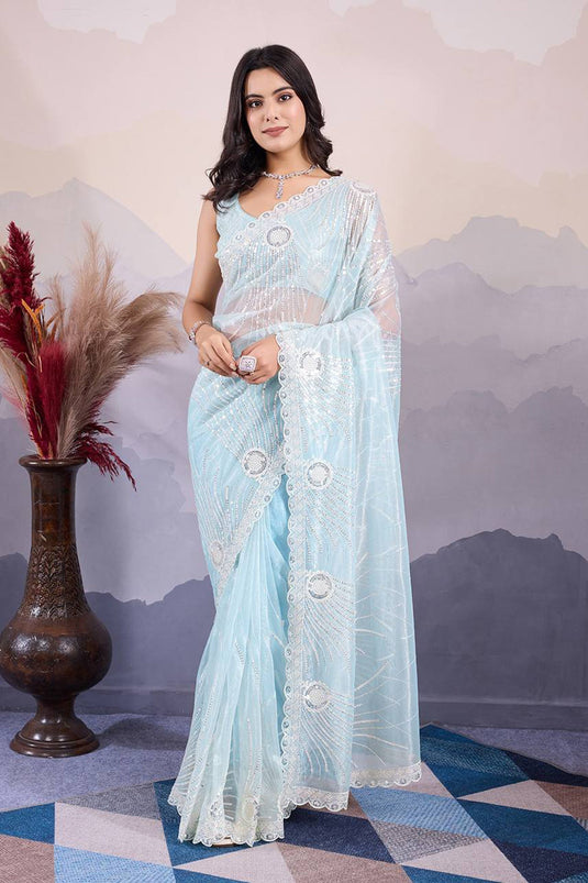 Net Fabric Occasion Wear Sky Blue Sequins Work Saree