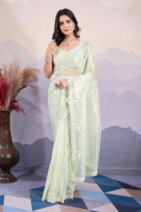 Sequins Work Net Sea Green Occasion Wear Saree