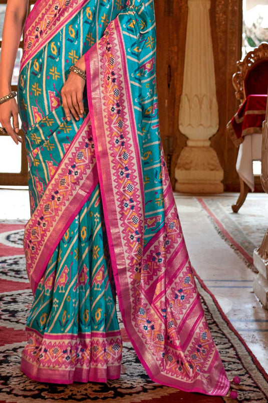 Engaging Sky Blue Color Art Silk Patola Printed Saree