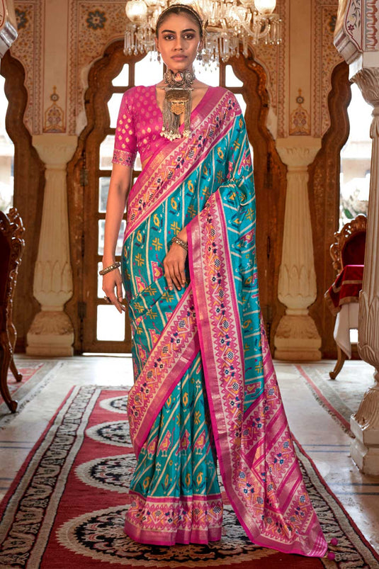 Engaging Sky Blue Color Art Silk Patola Printed Saree