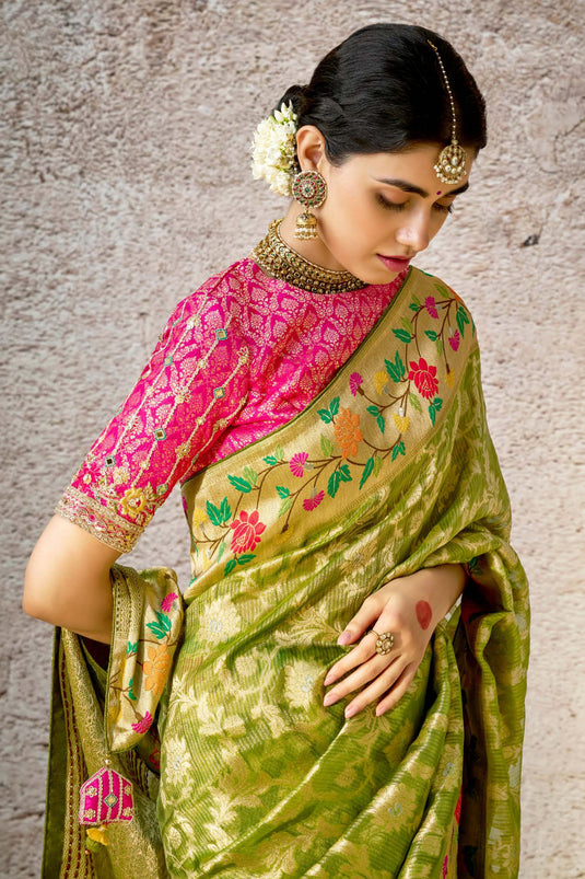 Green Banarasi Silk Saree With Delicate Floral patterns