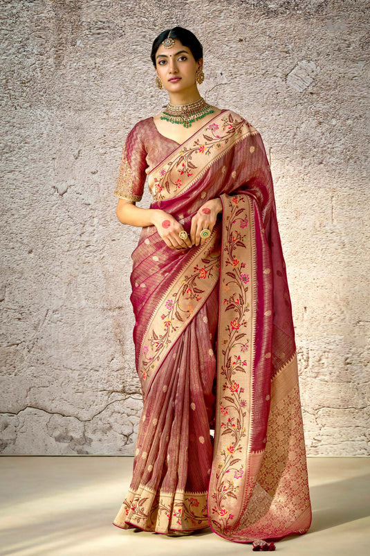 Magenta Woven Party Wear Banarasi Silk Saree