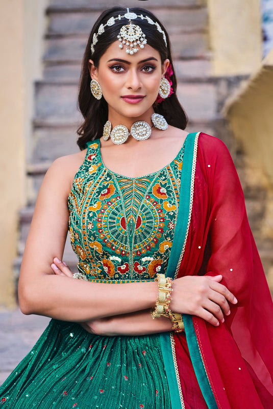 Chinon Embroidery Work Teal lehenga Choli