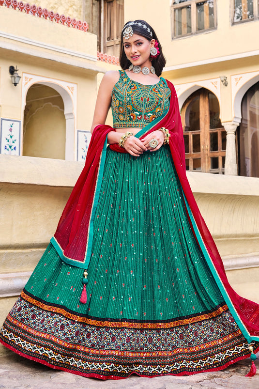 Chinon Embroidery Work Teal lehenga Choli