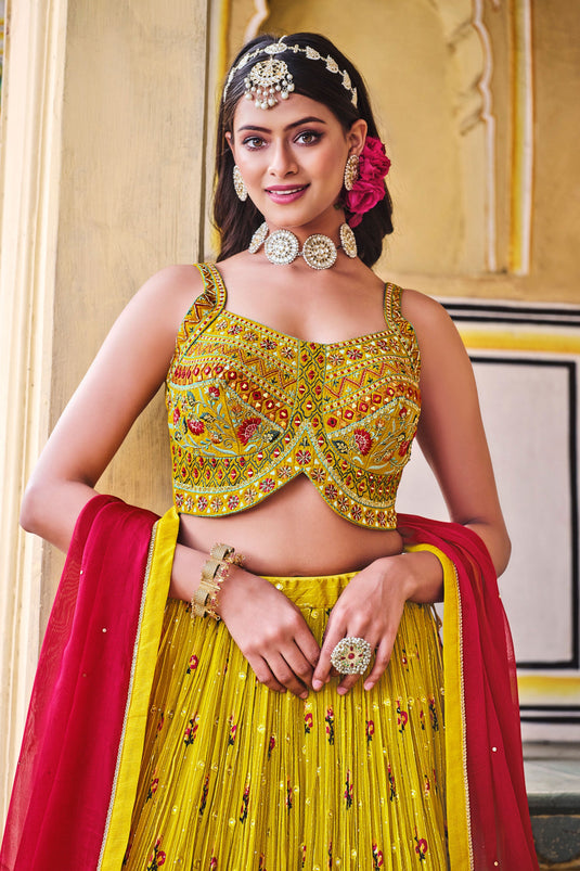 Mustard Embroidery Work Readymade Lehenga Choli